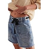 Women Y2k Baggy Bermuda Denim Shorts Drawstring Wide Leg Straight Long Jeans Shorts Vintage Knee Length Denim Jorts