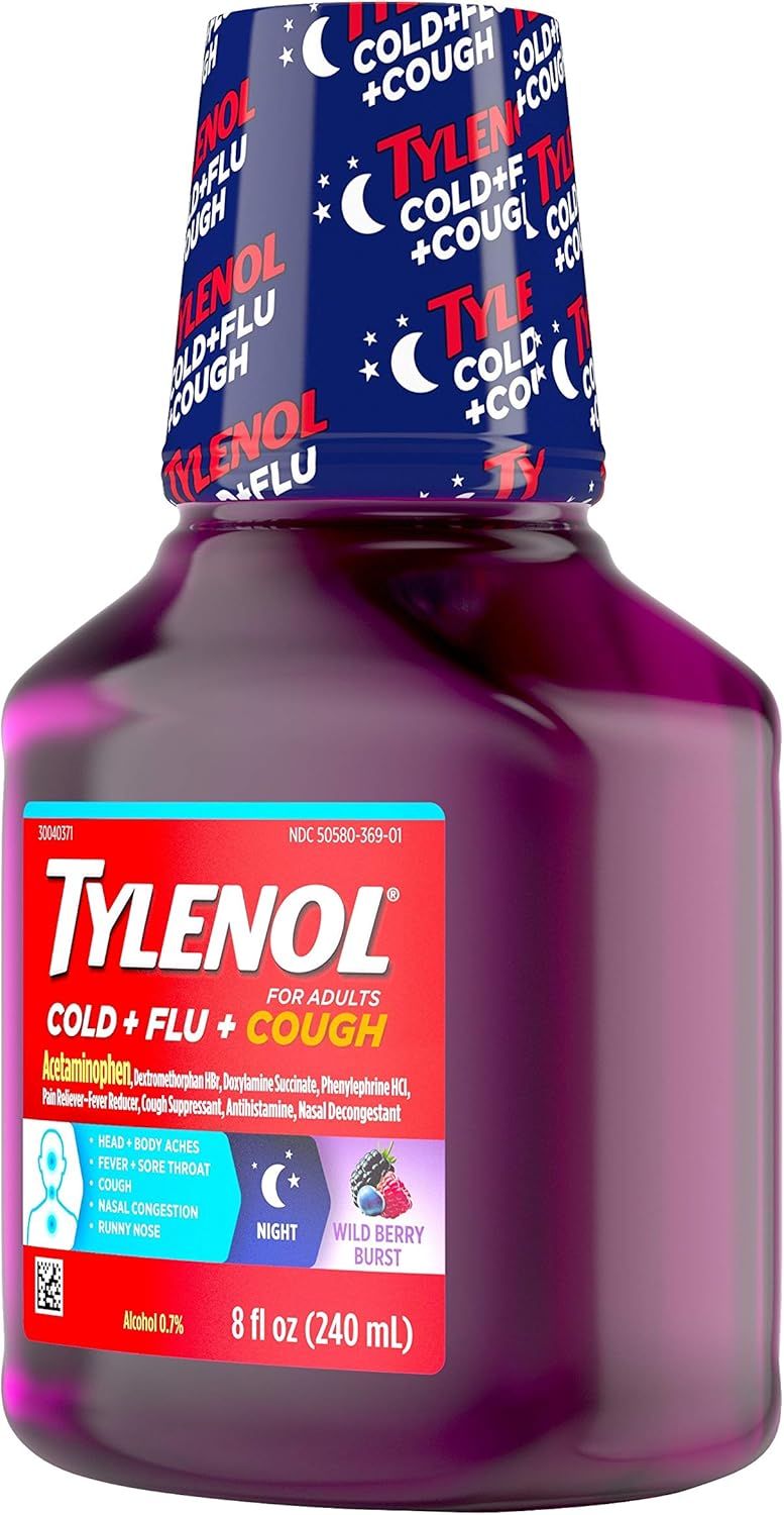 Tylenol Paracetamol Cold + Flu + Cough Night Liquid Medicine with Acetaminophen, Wild Berry, 8 fl. oz: Health & Personal Care