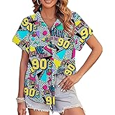 80s 90s Outfits for Women 80s Party Themed Outfit Shirt 90s Hawaiian Button Down Shirts Retro Neon Disco tee Tops
