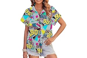 ALUVEE 80s 90s Outfits for Women 80s Party Themed Outfit Shirt 90s Hawaiian Button Down Shirts Retro Neon Disco tee Tops