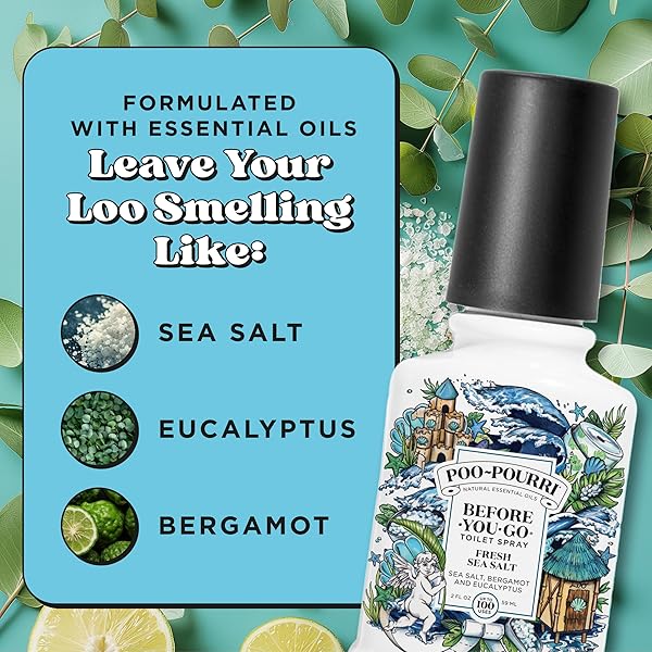 POO-POURRI BEFORE-YOU-GO TOILET SPRAY, FRESH SEA SALT, 2 FL OZ, UP TO 100 USES, BATHROOM ODOR DEODORIZER WITH ESSENTIAL OILS FOR HOME OR WORK, TRAVEL ESSENTIALS, TSA APPROVED SIZE, SEA SALT BERGAMOT
