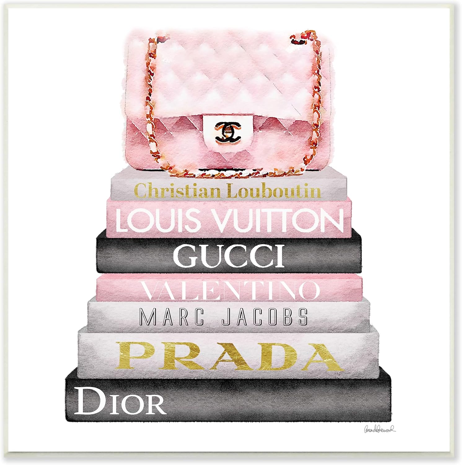 Wall Décor - The Stupell Home Decor Collection Watercolor High Fashion Bookstack Padded Pink Bag Wall Plaque Art, 12 x 12, Pink, for Bedroom