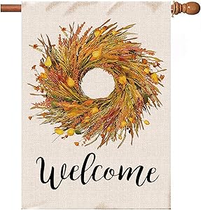 Hexagram Wheat Wreath Fall Flags 28x40 Double Sided,Burlap Autumn Fall Wheat with Lanterm Flower House Flag,Farmhouse Outdoor Decor,Large Garden Flag