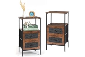 DOVAMY Nightstand Set of 2, Bedside Table, Tall Nightstand with Drawers, End Tables Bedroom, Rattan Side Table, Night Stand with Shelf for Bedroom, Living Room, 27.5'' High Bed Stand, Rustic Brown