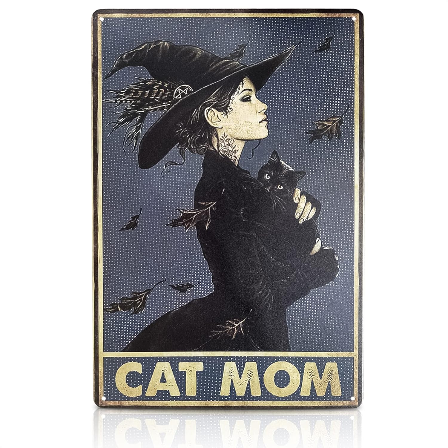 Wall Décor - Cat Decor for Cat Lovers Metal Sign - Witch Cat Mom Metal Wall Art Tin Sign Indoor Halloween Decor Outdoor Black Cat Decor Coffee Bar Retro Home Decor - 8x12 Inch Kitchen Wall Decor Plate MALLONY (Country Rustic)