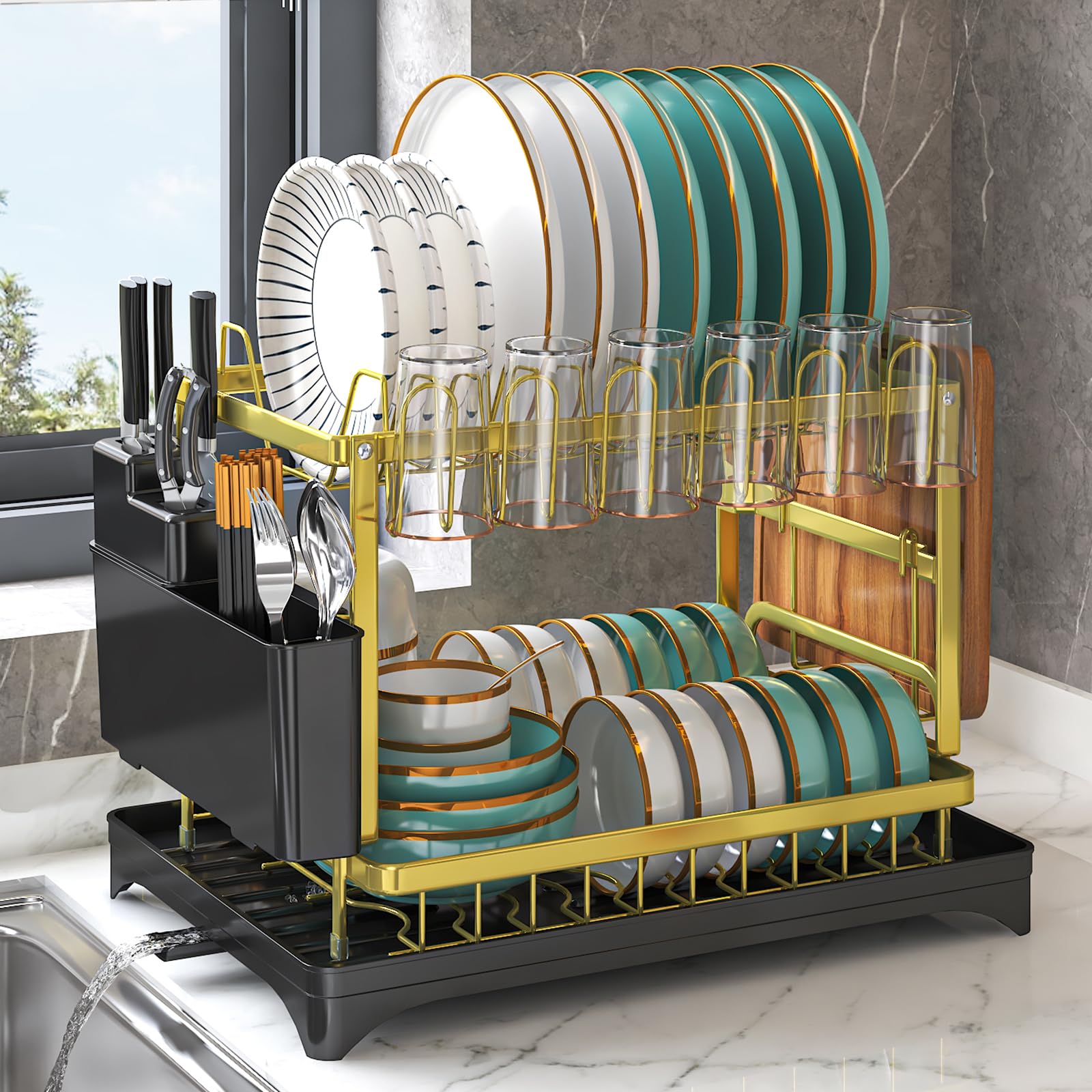 Photo 1 of Dish Drying Rack Gold, Multifunctional Dish Racks for Kitchen Counter with Drainboard 2 Tier Dish Drainer Large Capacity for Knifes/Cup/Cutting Board