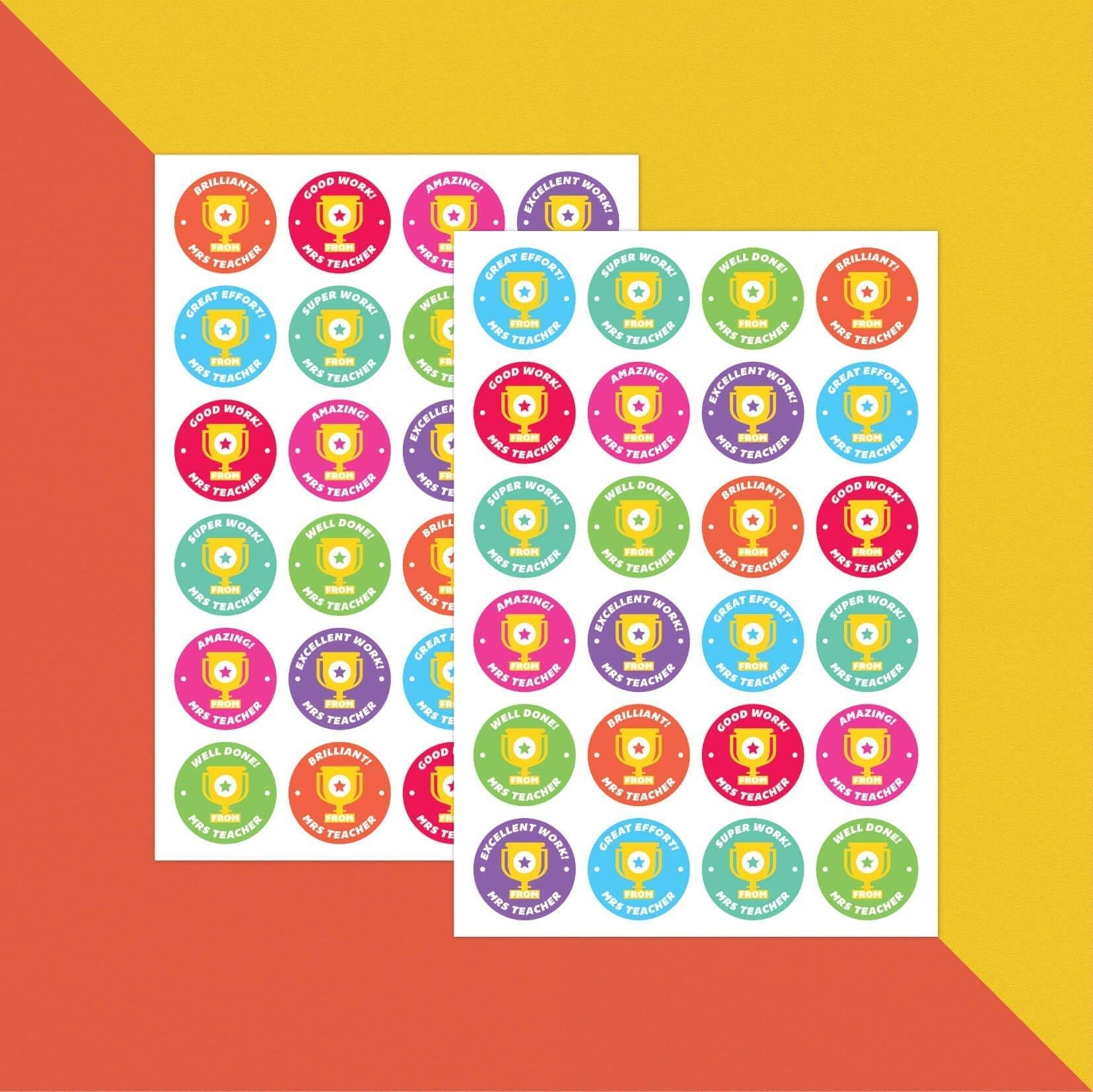 Personalised Teacher Trophy Rewards – 48 Stickers for Children, Teachers, Parents