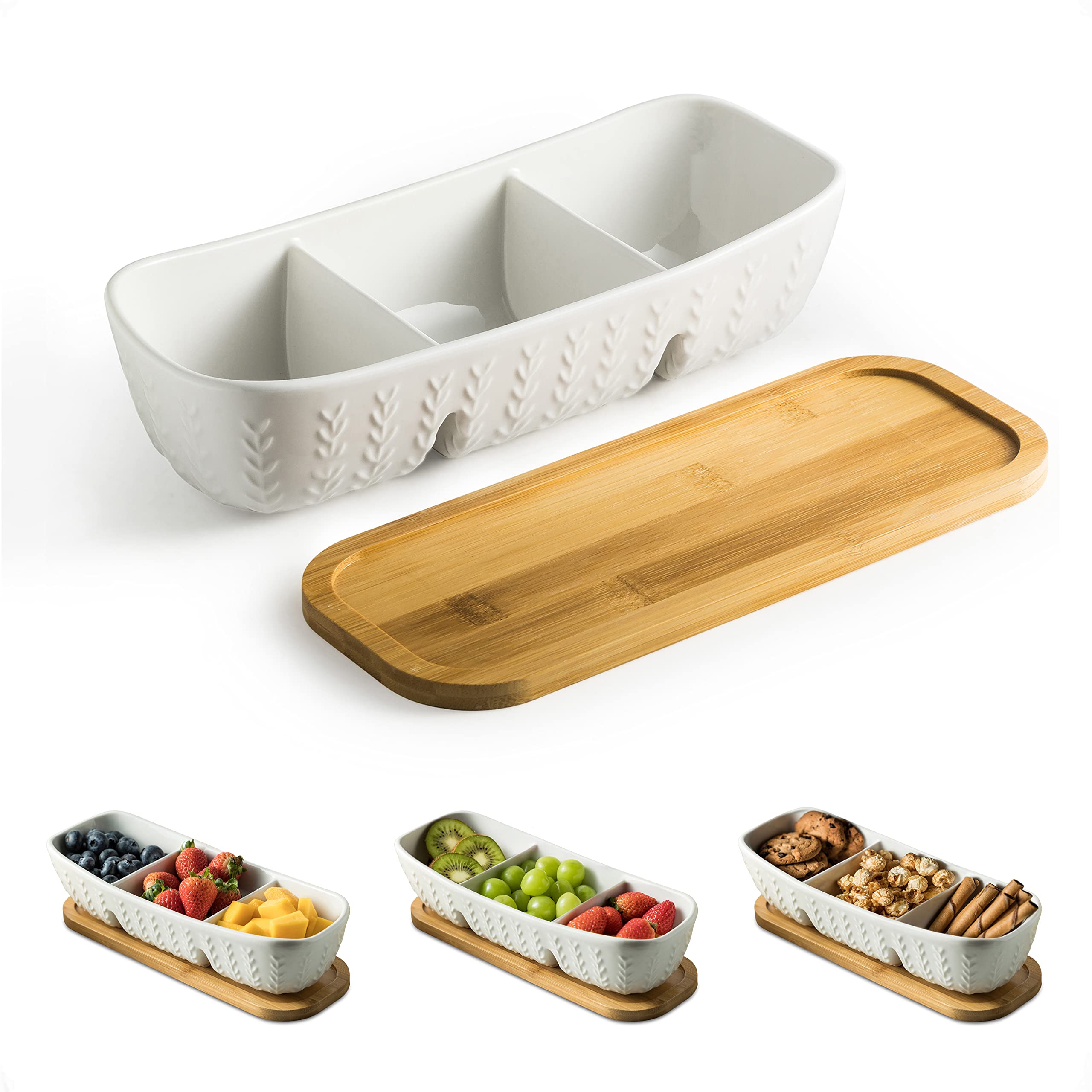 Photo 1 of Miamolo Chip and Dip Serving Set with Acacia Wood Serving Tray, Majolica Salsa Turtles - Condiment Tray for Snacks, Appetizers, Charcuterie, Candy, Food, Divided Party Serving Trays