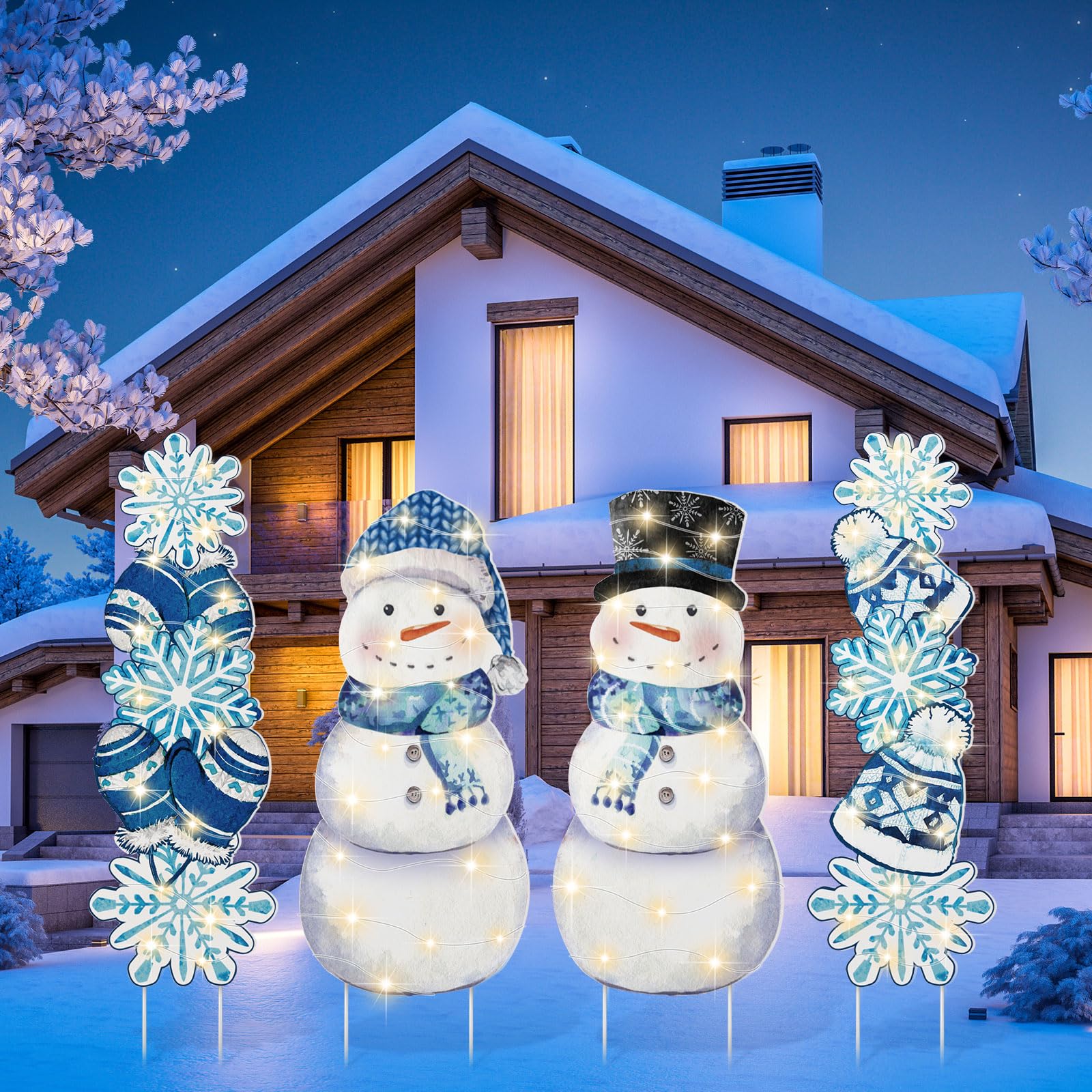 Photo 1 of ***MISSING BATTERY PACK*** Bencailor 4 Pcs Winter Outdoor Decorations Snowman Snowflake Yard Signs with Stakes Christmas Garden Signs with LED Light Xmas Holiday Large Yard Decor for Home Lawn Party Favor Supplies(Winter Style)