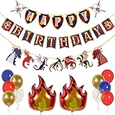 Pirese Dragon Birthday Banner & Decorations – Happy Birthday Banner with Flame Balloons, Confetti & Latex Balloons – Dragon Party Supplies, Medieval & Fantasy DND Party Decor for Kids, Adults