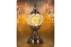 Turkish Moroccan Lamp with Bronze Base - Yarra Decor Handmade Tiffany Mosaic Glass Lamps Portable Bedside Lamps with Recharge