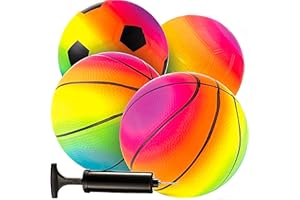 Rainbow Sports Balls - 6 Inch (Pack of 4) Inflatable Vinyl Balls for Kids and Toddlers Includes Neon Basketball, Soccer, and 