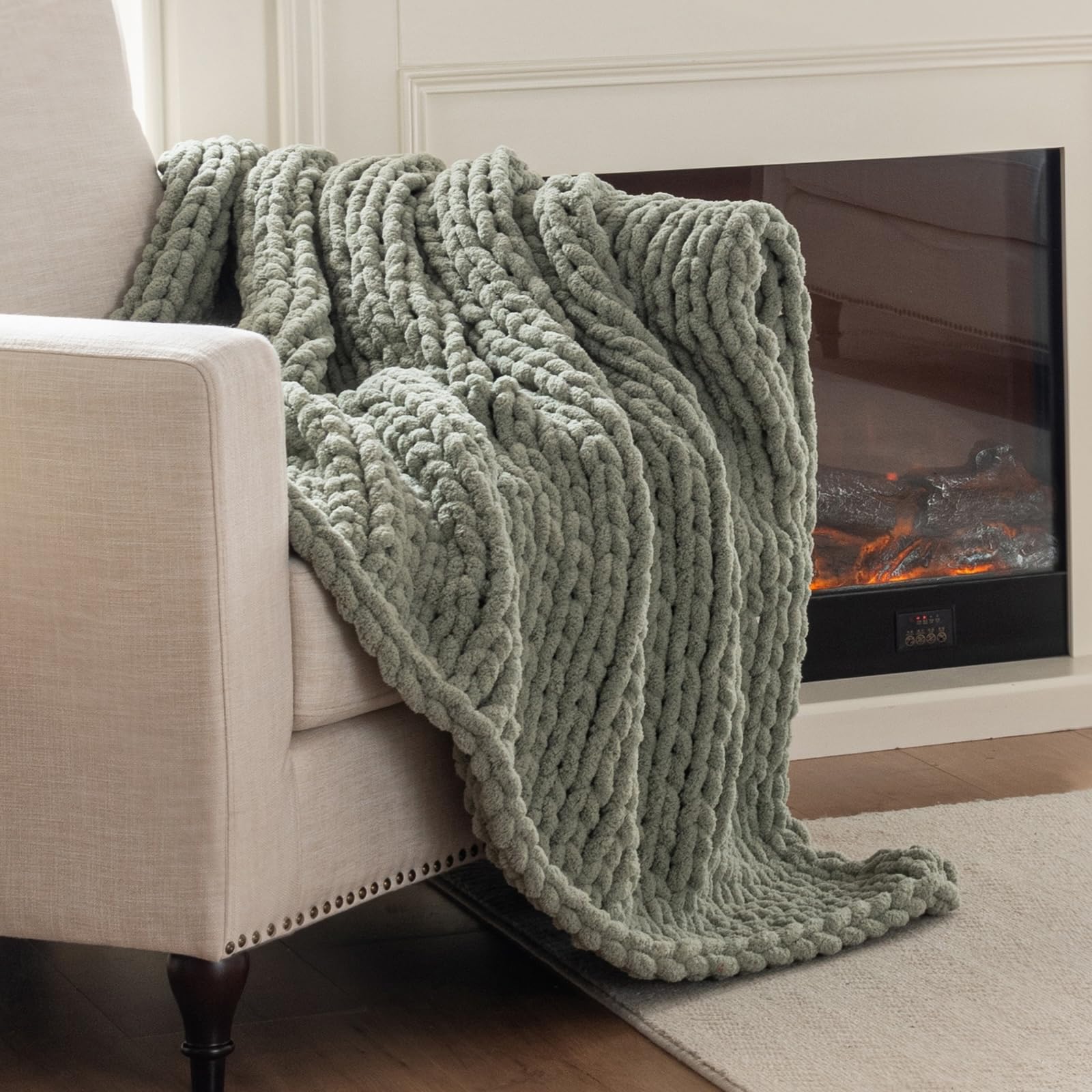 Photo 1 of LAST MODA Chunky Knit Blanket Throw, 100% Hand Knit Throw Blanket Handmade Chenille Cable Knit Throw for Couch, Stylish Cozy Soft Rope Knot Crochet Blanket for Home Decor, Sage Green, 50x60 Inches