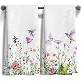 WOOGCHEIR Floral Hummingbird Kitchen Towels Set of 2, Watercolor Bird & Flower Decorative Towels for Kitchen & Bathroom, 16x24 Inch