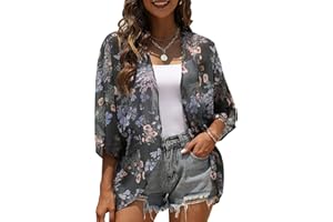 Chunoy Women Floral Print Lightweight Chiffon Kimono Cardigan Short Sleeve Loose Beach Wear Cover Up Blouse Top