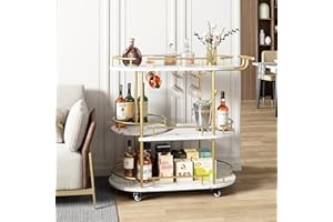 GarveeHome Gold Bar Carts with 4-Tiers Storage Shelves，Mobile Bar Seving Carts On Wheels with Wine Rack and Glass Holder for Kitchen, Dining Room, Living Room-Gold+White