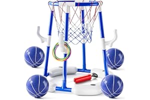 WATUDOU Pool Basketball Hoop Toys for Kids Ages 4-8 8-12 & Adult, Summer Outdoor Swimming Pool Games Water Play Toys Family Party for Kids, 2 in1 Pool Basketball Hoop & Ring Game with 4 Balls 12 Rings & Pump