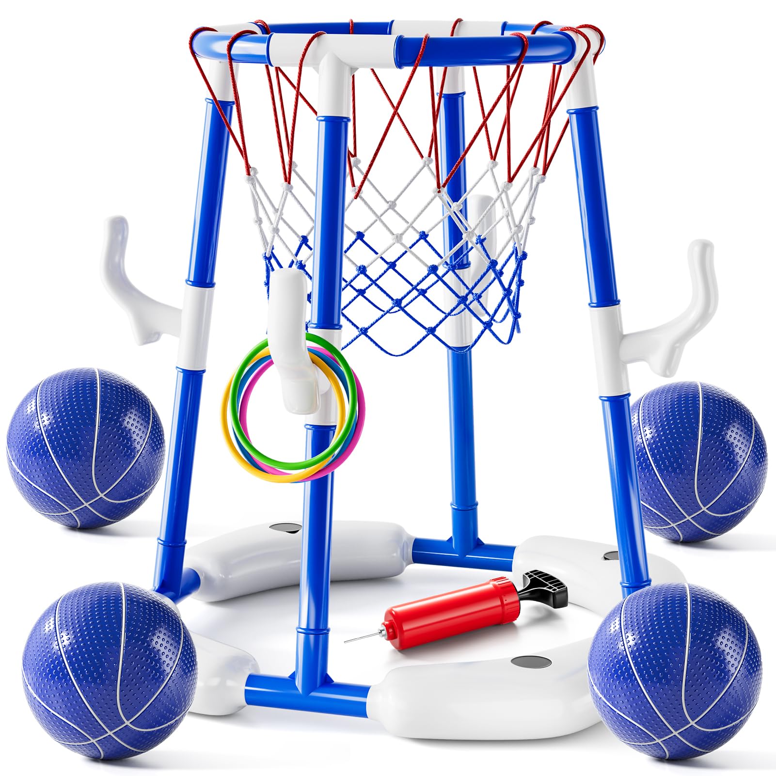 2-in-1 Pool Basketball Hoop & Ring Games with 4 Balls 12 Rings and Pump, Summer Water Outdoor Party Swimming Pool Toys Games for Kids Ages 4-8 8-12 Adult, Family Party Easter Birthday Games Toys