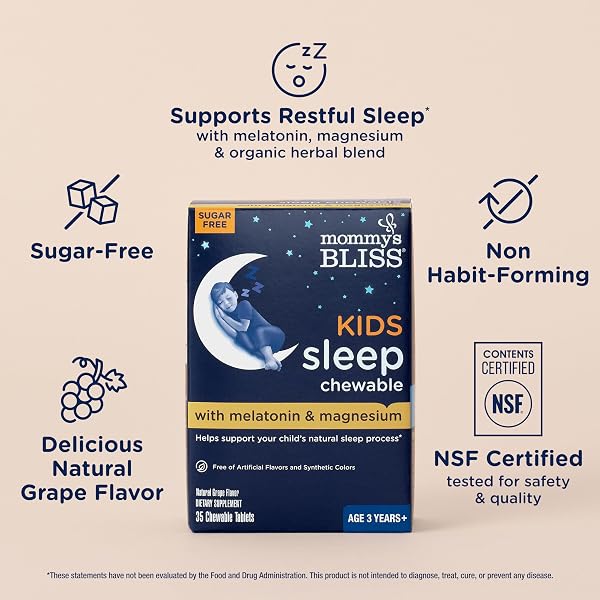 MOMMY’S BLISS KIDS SLEEP CHEWABLE TABLETS, MELATONIN, MAGNESIUM & CALMING HERBS, GRAPE FLAVOR, SUGAR FREE KIDS MELATONIN, AGE 3+ (35 SERVINGS), 35 COUNT (PACK OF 1)