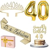 40th Birthday Decorations Women Gold with Sash and Tiara, Cake Topper and Candles, Number Balloons, 40th Birthday Gifts for Women