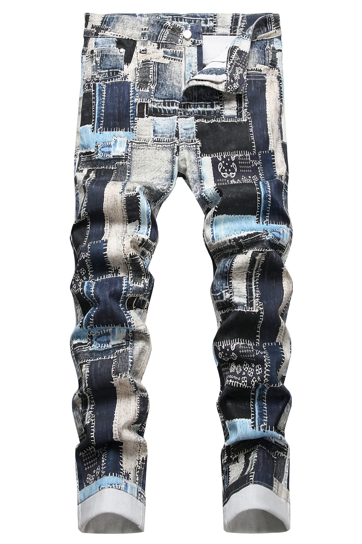 Baylvn Men's Designer Straight Slim Fit Patchwork Jeans Comfort Skinny Biker Denim Pants