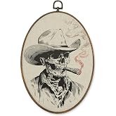 LKETW Gothic Western Cowboy Skeleton Oval Wall Art Decor, Vintage Western Oval Canvas Hanging Decor, Gothic Southwestern Smoking Skeleton Wall Decorations for Home Living Room Bedroom, 8.6x11.4 Inch
