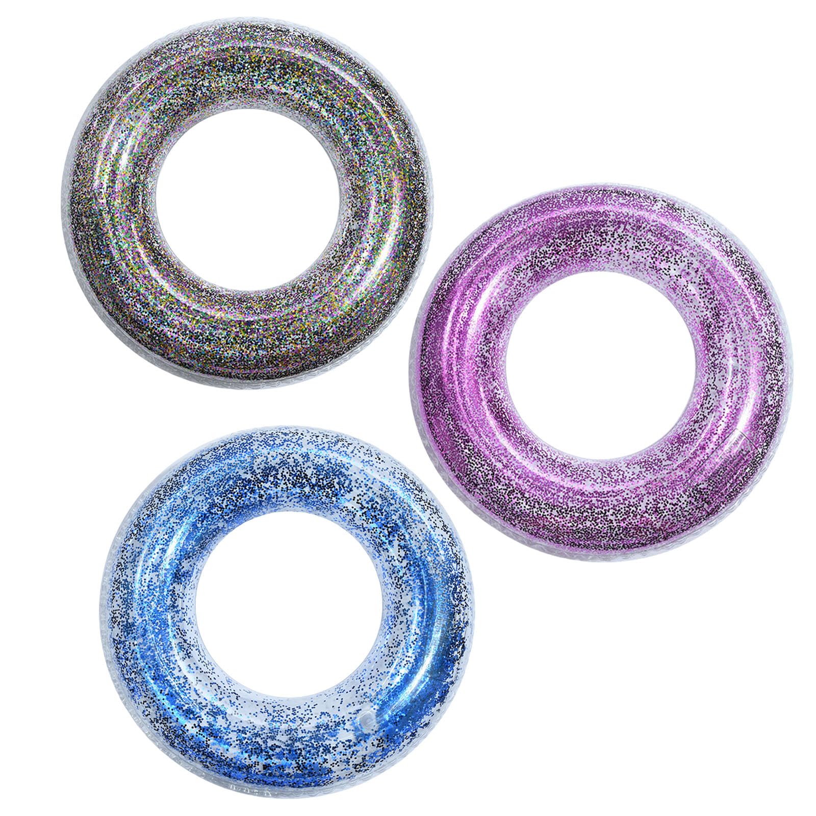 90cm Inflatable Swimming Ring Pool Rubber Rings for Kids Adult,3Pcs Blue Rose Color Sequin Inflatables Swim Rings Pool Floats Toy Pools Ring Toy Water Floaties for Kid Girls Boys Summer Beach Party