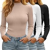 Xaatren 3 Pack Women's Mock Turtleneck Tops Ribbed Long Sleeve Shirts Mock Neck Slim Fit Undershirt Casual Basic Layering Tee