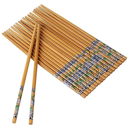 RIANZ Set Of 10 Pairs Designer Natural Round Bamboo Reusable Chopsticks, Size 9.5 Inch (Color and Design May Vary)