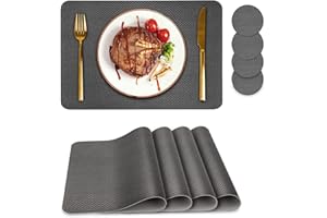 BACGNYER Placemats Set of 4, Placemat with Coasters Heat Stain Scratch Resistant Non-Slip Waterproof Oil-Proof Washable Wipeable Outdoor Indoor for Dining Patio Table Kitchen Decor and Kids(Grey 4)