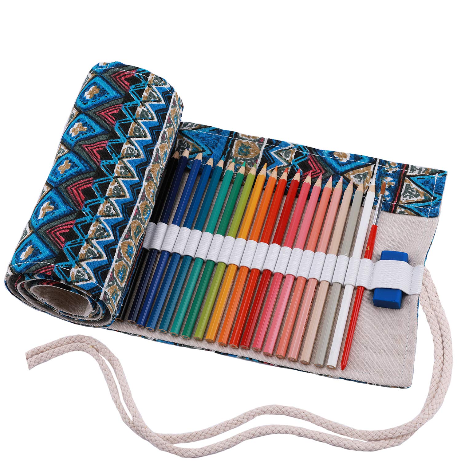 Amoyie Roll Up Pencil Case for 36 Coloured Pencils, Foldable Colouring Pen Organiser Bag, Canvas Coloring Pens Holder, Artist Wrap, Blue Bohemia