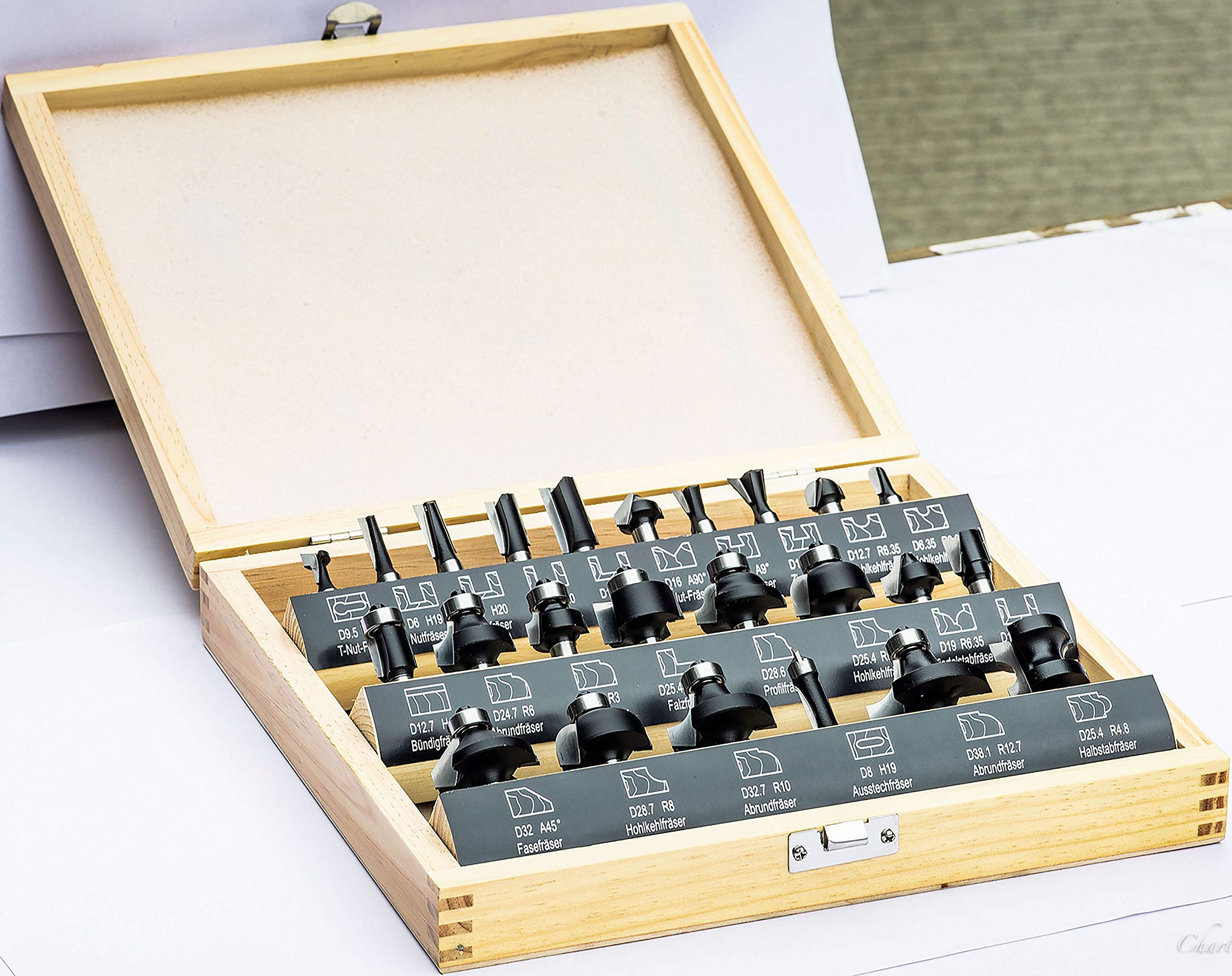 Steel, 24 Pieces. HW 58502524 Router Bit Set for Woodworking, Woodworking Tools in Wooden Case Shaft Diameter 8 mm