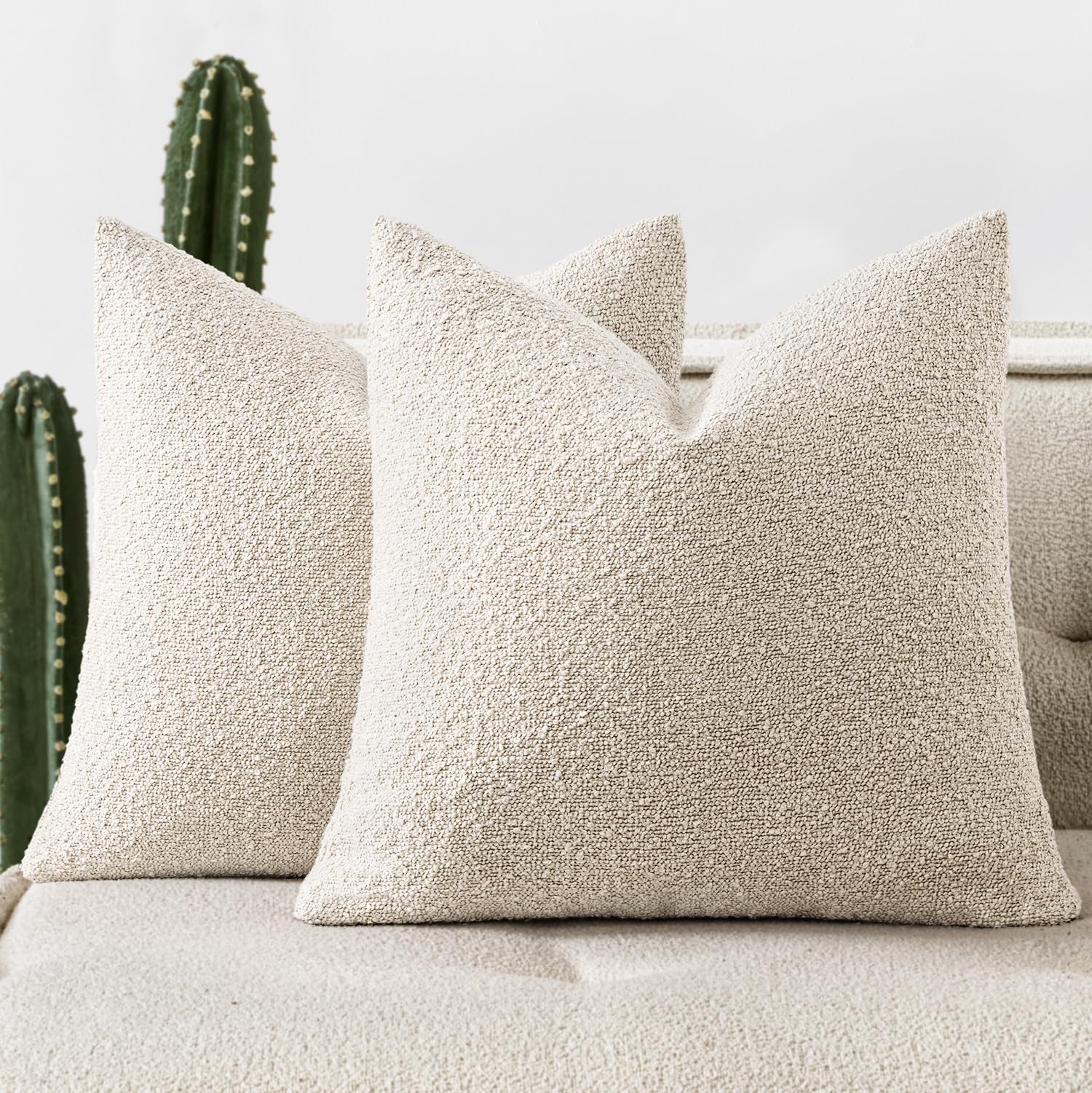 Photo 1 of Woaboy Pack of 2 20x20 Inch Decorative Boucle Throw Pillow Covers Textured Square Pillowcaes Accent Solid Cozy Soft Cushion Covers Home Decor for Sofa Couch Living Room Home Decor,Natural Beige