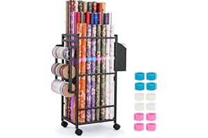 Aquzee Gift Wrapping Paper Organizer Storage, Rolling Gift Wrap Storage Stand, Vertical Wrapping Paper Storage Cart, Ribbon O