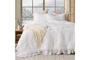 JOLLYVOGUE Queen Comforter Set, 3 Pieces White Seersucker Comforters Queen Size, Lightweight & Fluffy Bedding Sets Queen for All Season with 1 Ruffle Comforter and 2 Ruffle Pillowshams