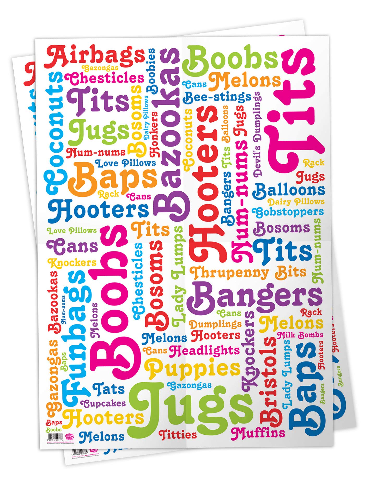 Brainbox Candy - 2 Sheets of Funny Rude 'Boob Words' Birthday Wrapping Paper - Gift Wrap for Adults with A Cheeky Sense of Humour - Folded, Quality Wrap