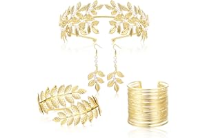 Fansilver Greek Goddess Costume Accessories for Women Gold Headpiece Upper Arm Cuff Bracelet Dangle Earring Goddess Gold Jewelry Set for Bridal Wedding Toga Party