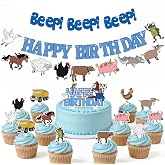 Blue Farm Truck Birthday Decoration, Farm Animal Banner with Cupcake Topper | Blue Farm Truck Animal Theme Decor Set with Banner, Cake Topper and Cupcake Toppers for Barnyard Birthdays and Dessert Tables