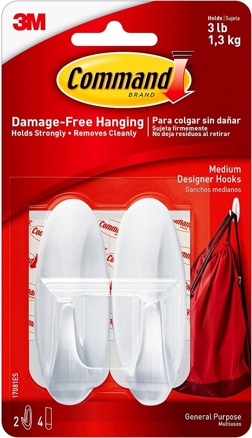 Command Designer Hooks, Medium, White, 2-Hooks (17081ES), Organize & Decorate Damage-Free