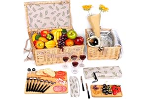 Hap Tim Dual Wicker Picnic Basket Set with Blanket Charcuterie Boards for 2/4/6 - Unique Gifts Ideas for Couple, Engagement, Wedding, Bridal Shower, Family, Christmas - White Elephant Gifts for Adults
