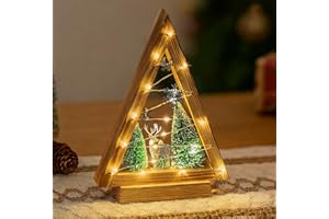 Hanobe Tabletop Christmas Decorations Indoor: Wooden Christmas Tree Figurine with Lights - Modern Farmhouse Christmas Decor for Kitchen Mantel Fireplace Shelf Office