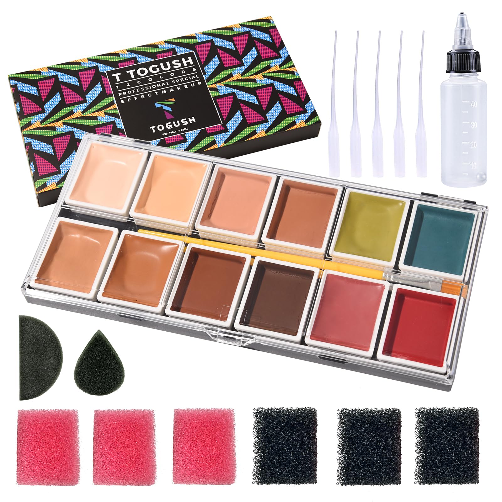 Photo 1 of T TOGUSH Alcohol Activated Makeup Palette for FX Make up with Makeup Egg Mimic Wound Sponge Cleaning accessories 12 Colors