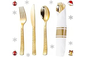 WELLIFE 50 Pack Gold Plastic Silverware with Pre Rolled Napkins,Hammer Pattern Design,Plastic Cutlery Includes: 50 Forks,50 Knives,50 Spoons,50 Napkins,Gold Silverware Disposable for Christmas