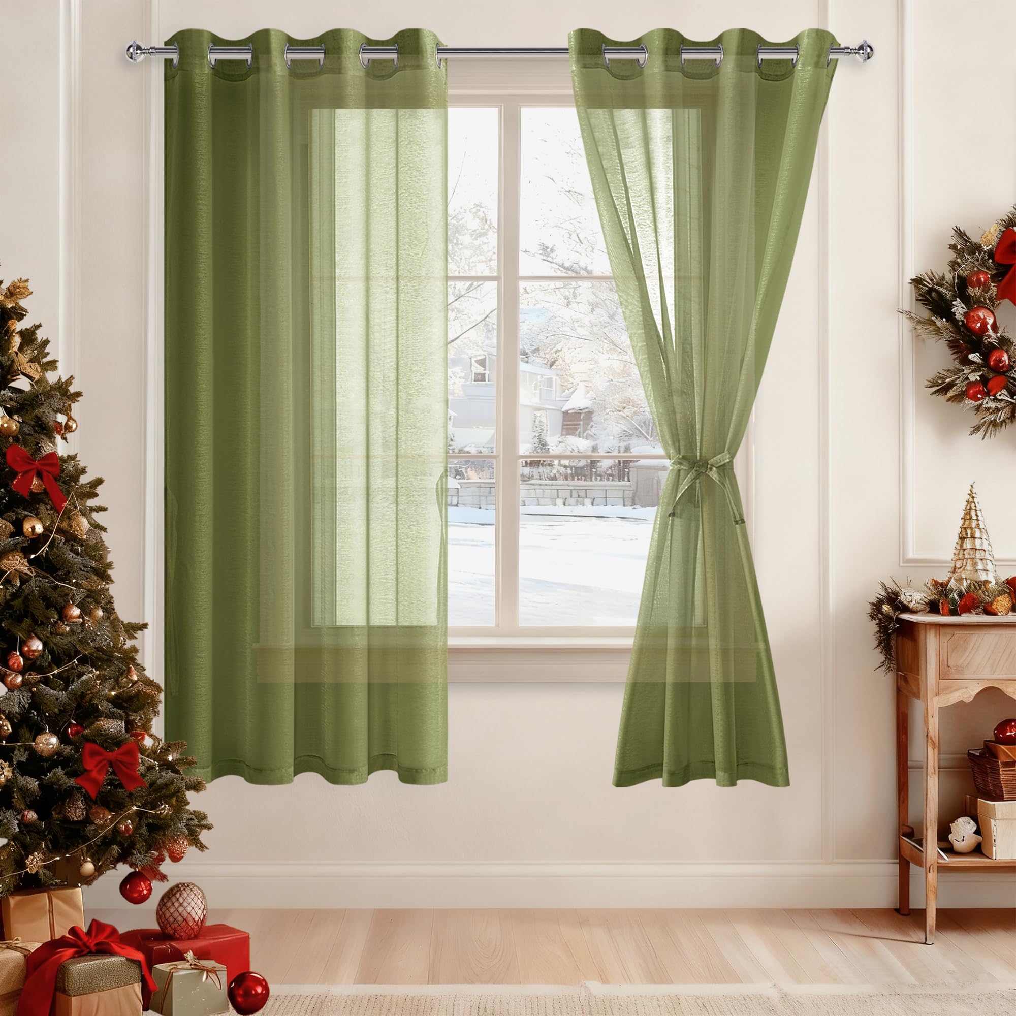 DWCN Green Sheer Curtains with Tiebacks Christmas Curtians Semi Transparent Voile Grommet Drapes Window Curtain for Bedroom and Living Room,2 Panels,W56 x L72