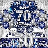 Rumia 70th Birthday Decorations, 131 PCS Navy Blue & Silver Party Supplies: Banner, Balloons, Napkins, Cups, Tablecloth, Foil Backdrops for Men & Women's 70th Birthday Decor