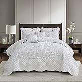 CHIXIN Botanical Oversized Bedspread King Size - Leaves Pattern Stitching Quilt Set - Elegant & Fresh Style Bedding Coverlets, Reversible, Lightweight, 5 Piece, White