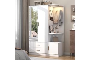 XVD Armoire Wardrobe Closet with Mirror and Sensor Light, Bedroom Armoire with 3 Doors 2 Drawers, Modern Wooden Large Wardrobe Closet with Shelves, 4 Hooks, 2 Hanging Rods, Open Space, White