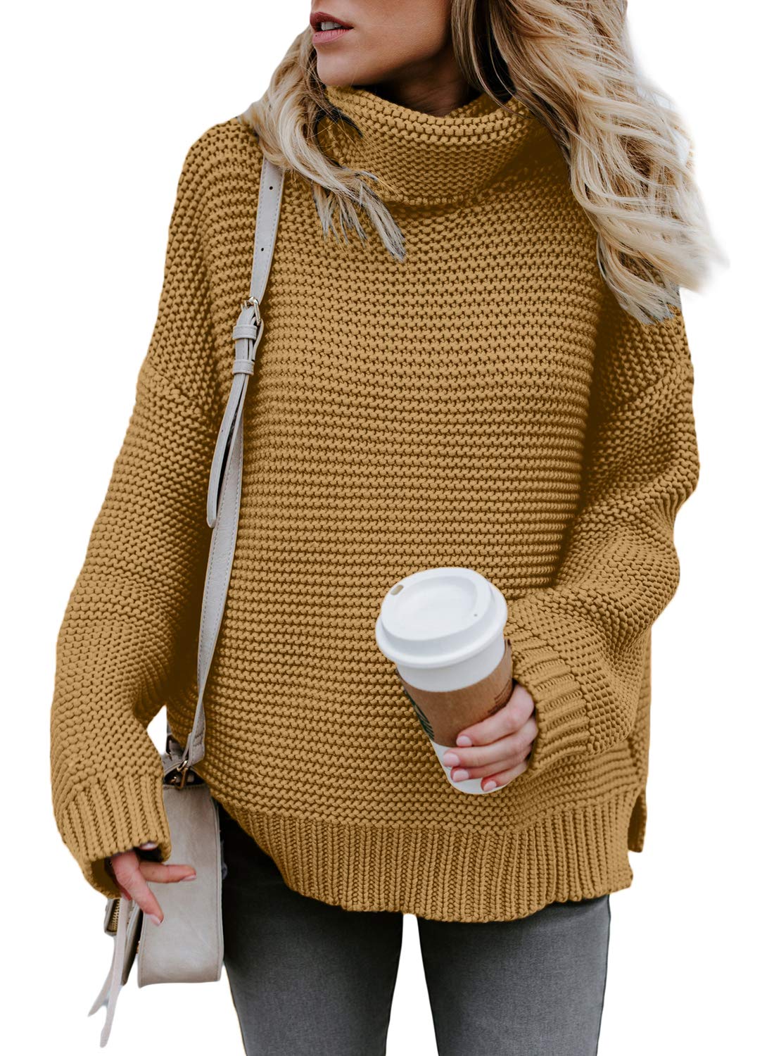 Womens Turtleneck Long Sleeves Chunky Knit Jumper Pullover Sweater