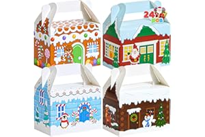 JOYIN 24 PCS 3D Christmas House Cardboard Treat Boxes for Holiday Xmas Goody Gift, Goodie Paper Boxes, School Classroom Party