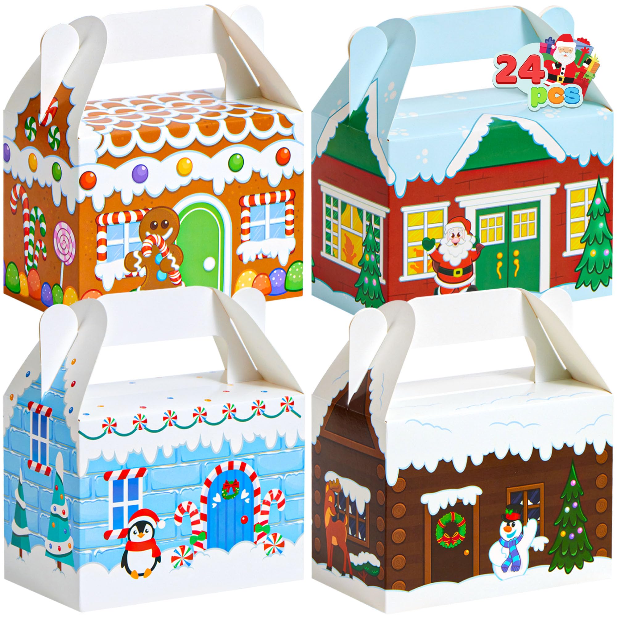 JOYIN 24 PCS 3D Christmas House Cardboard Treat Boxes for Holiday Xmas Goody Gift, Goodie Paper Boxes, School Classroom Party Favor Supplies, Candy Treat Cardboard Cookie Boxes